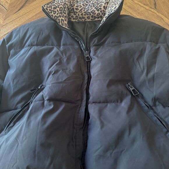 Cropped Black Puffer Jacket Soft Suede Leopard Print Collar Ribbed Cuffs Urban - Picture 9 of 12